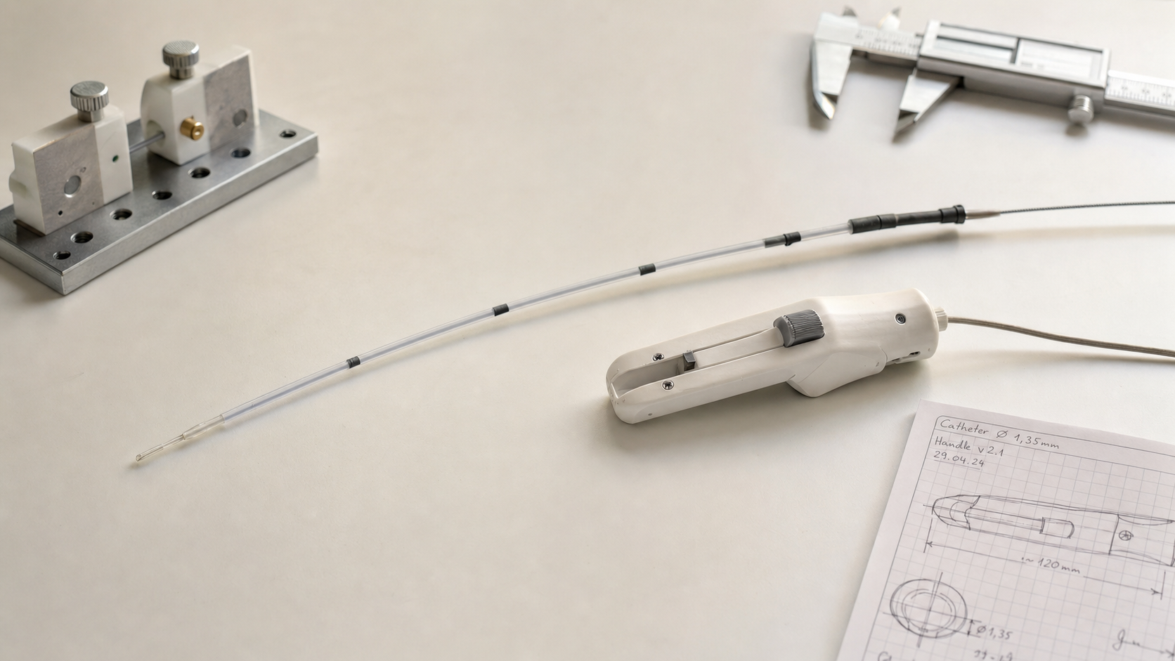 Catheter shaft prototype and deployment handle on an engineering work surface